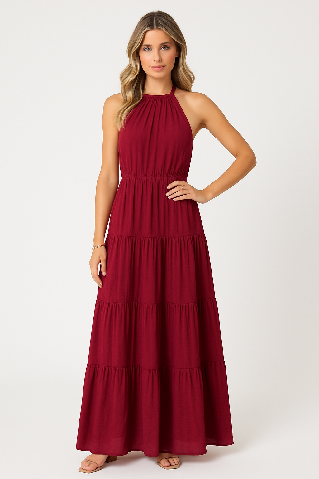 Women’s Halter Dress – Full Length – Tiered Skirt – Cinched Waist Flowing Fit