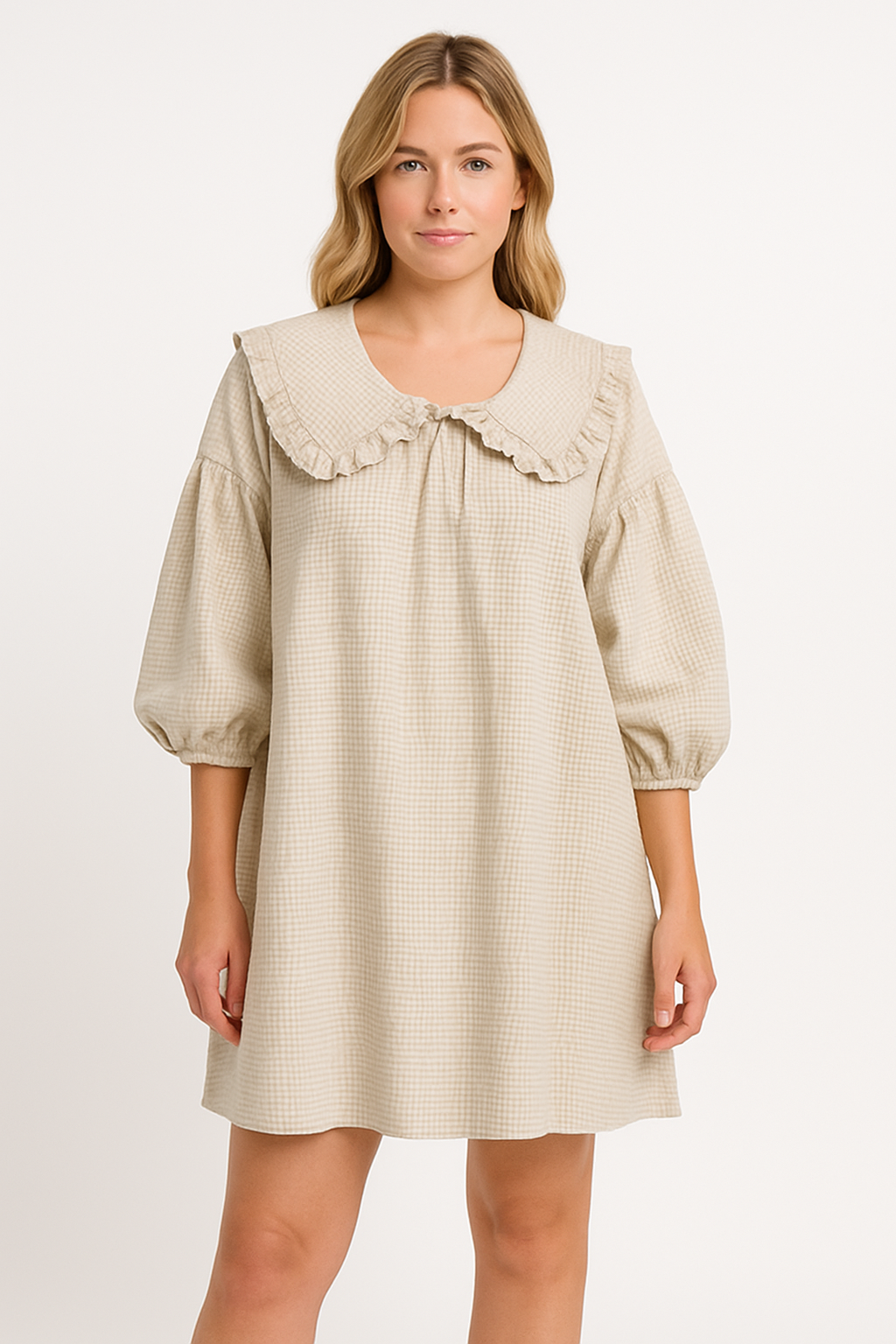 Women’s A-Line Dress – Cotton Mini – Balloon Sleeve – Ruffled Collar – Checkered