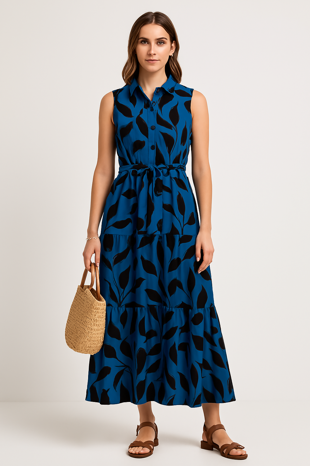 Women’s Long Dress – Fit and Flare – Sleeveless Collared – Leaf Print – Ruffle Hem