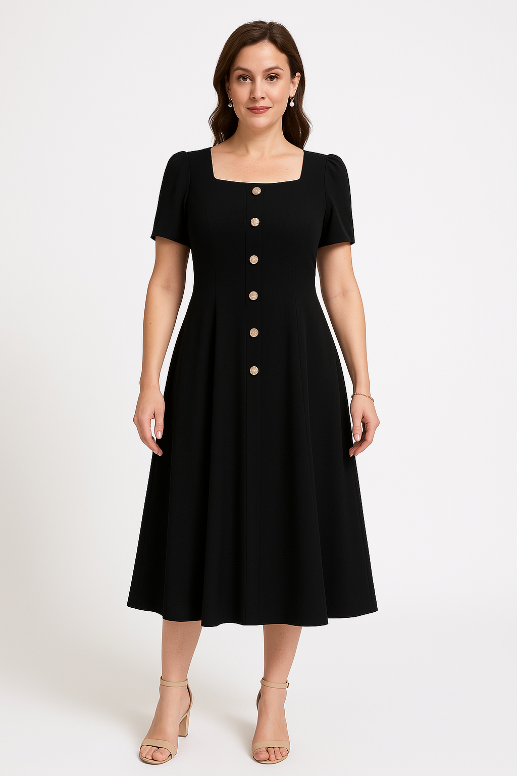 Women’s Knitted Midi Dress – Slim Fit – A-Line – Puff Sleeve – Button Front