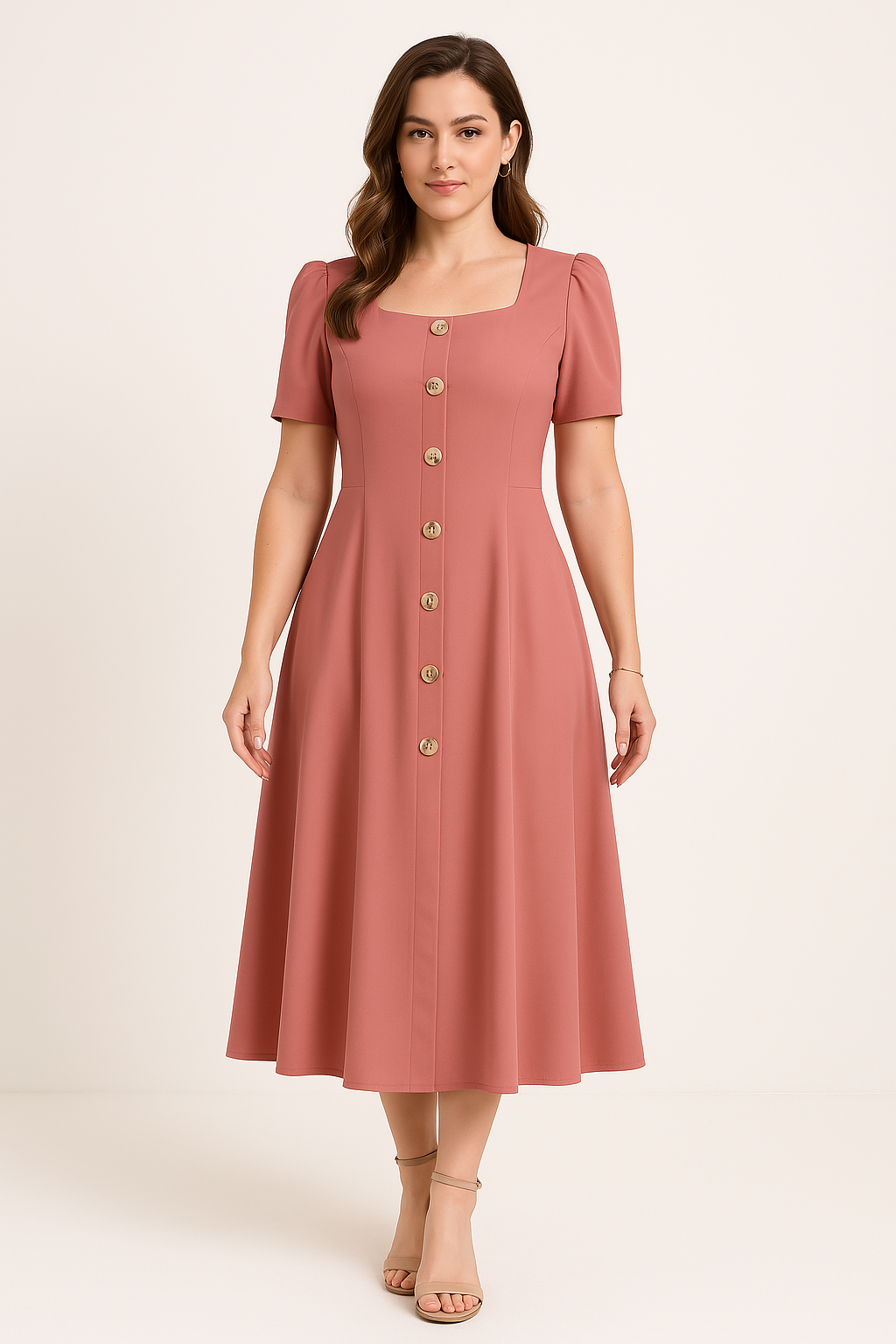 Women’s Knitted Midi Dress – Slim Fit – A-Line – Puff Sleeve – Button Front