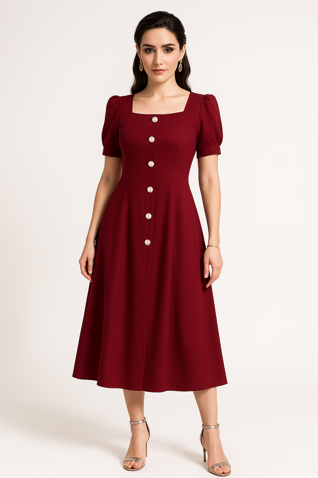 Women’s Knitted Midi Dress – Slim Fit – A-Line – Puff Sleeve – Button Front