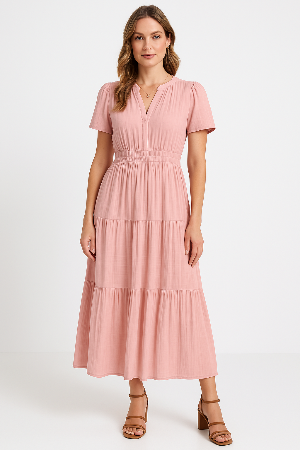 Women’s Maxi Dress – V-Neck – Puff Sleeve – Ruched Waist – Soft A-Line Fit