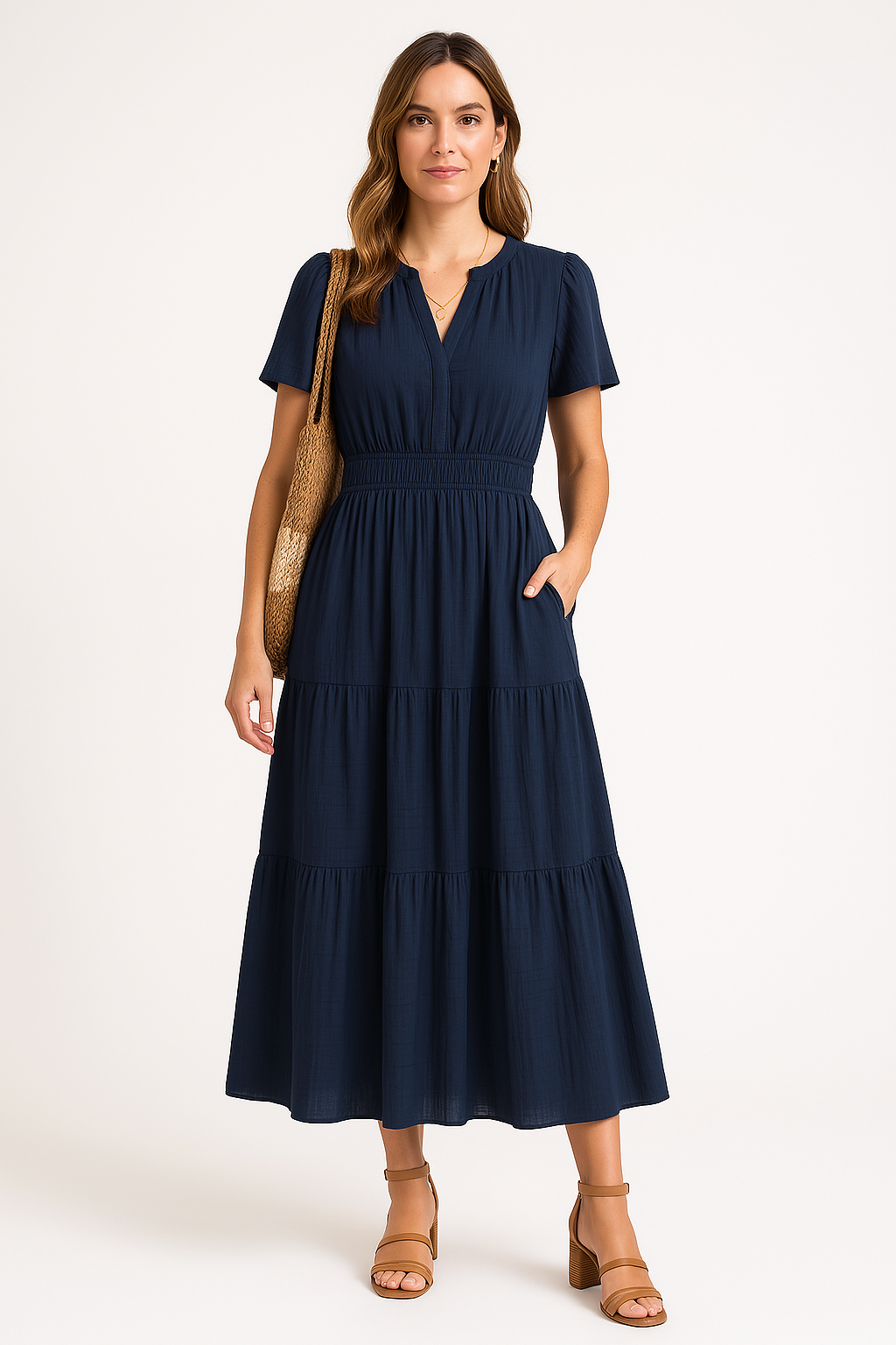 Women’s Maxi Dress – V-Neck – Puff Sleeve – Ruched Waist – Soft A-Line Fit