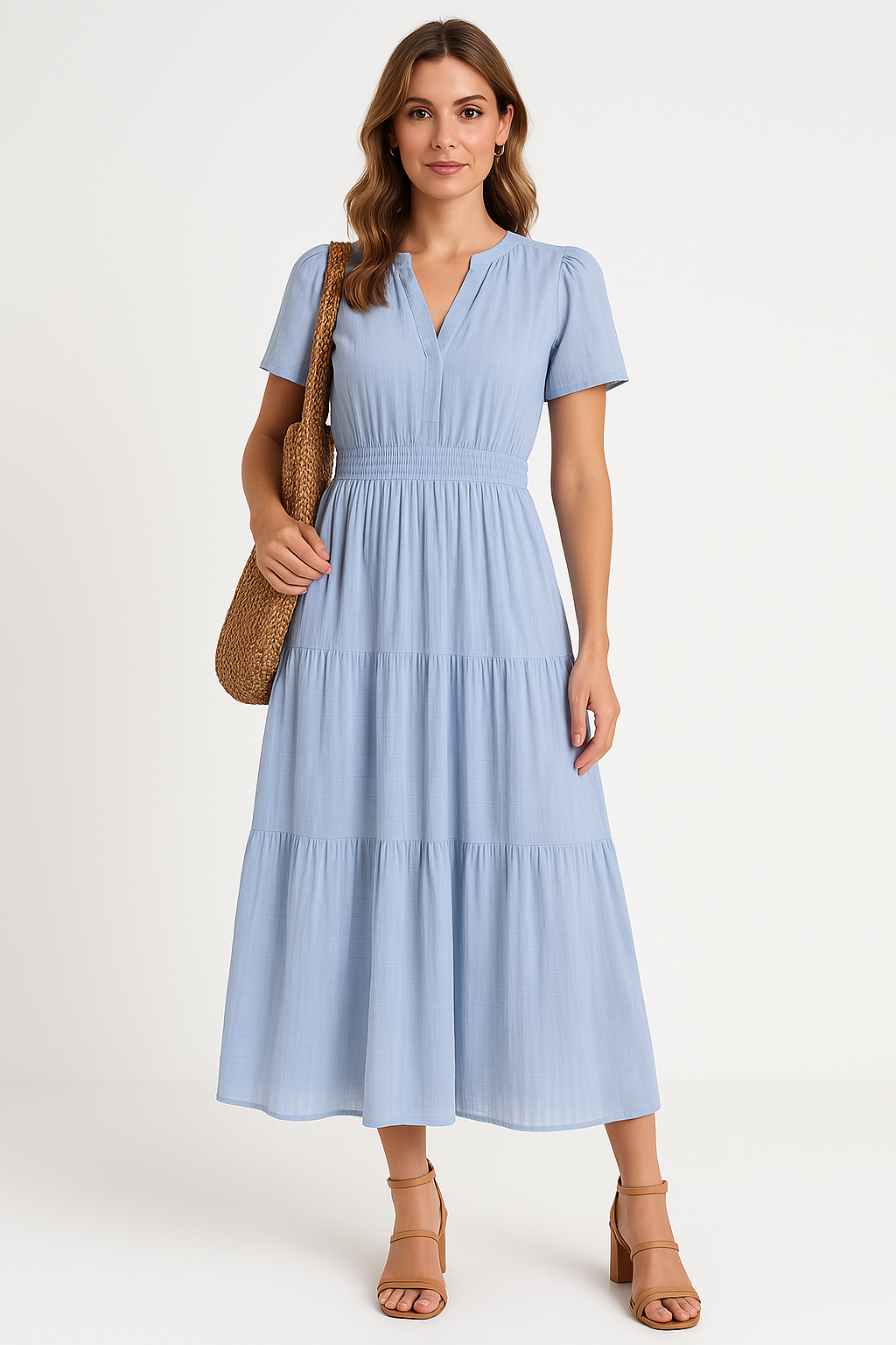 Women’s Maxi Dress – V-Neck – Puff Sleeve – Ruched Waist – Soft A-Line Fit