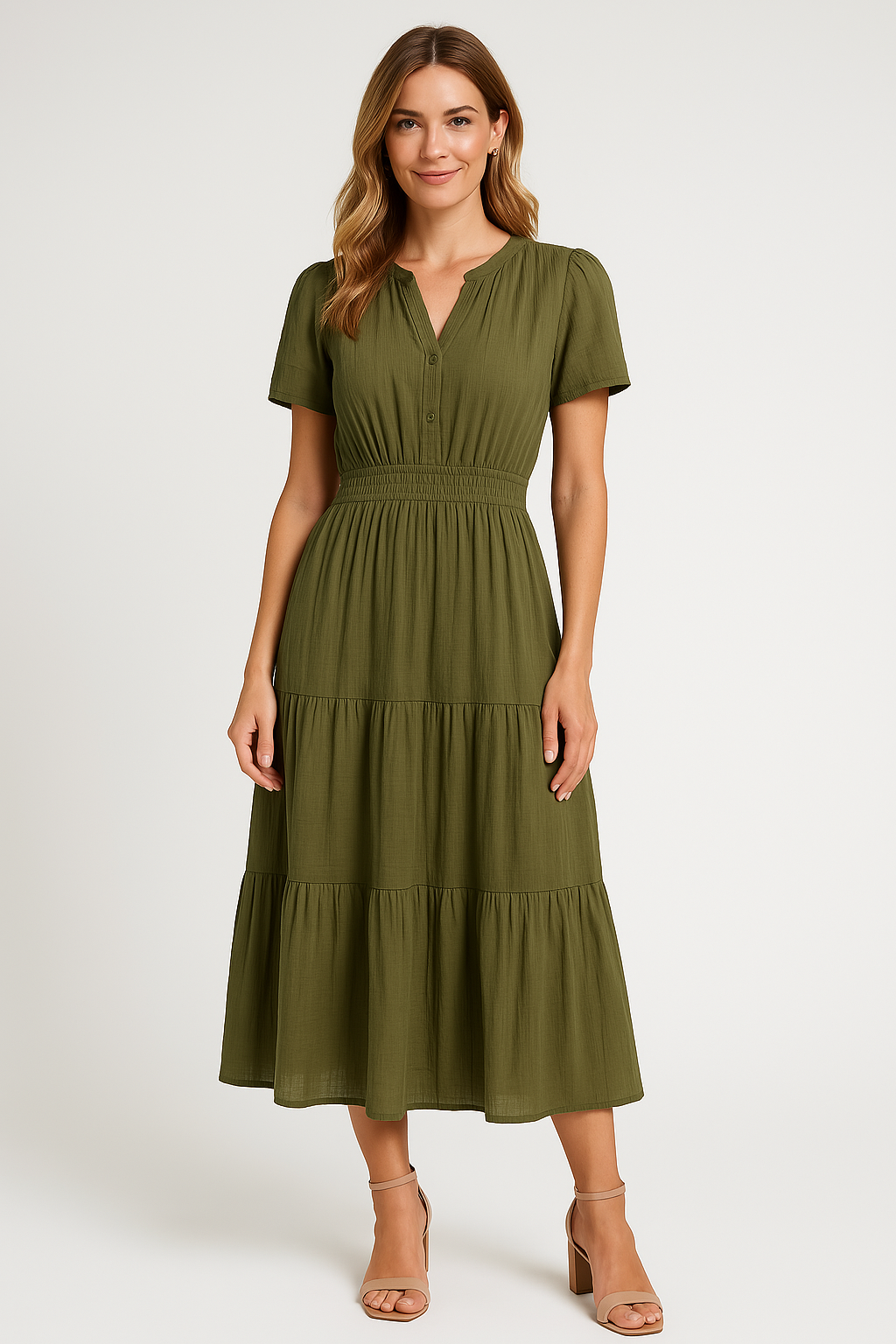 Women’s Maxi Dress – V-Neck – Puff Sleeve – Ruched Waist – Soft A-Line Fit