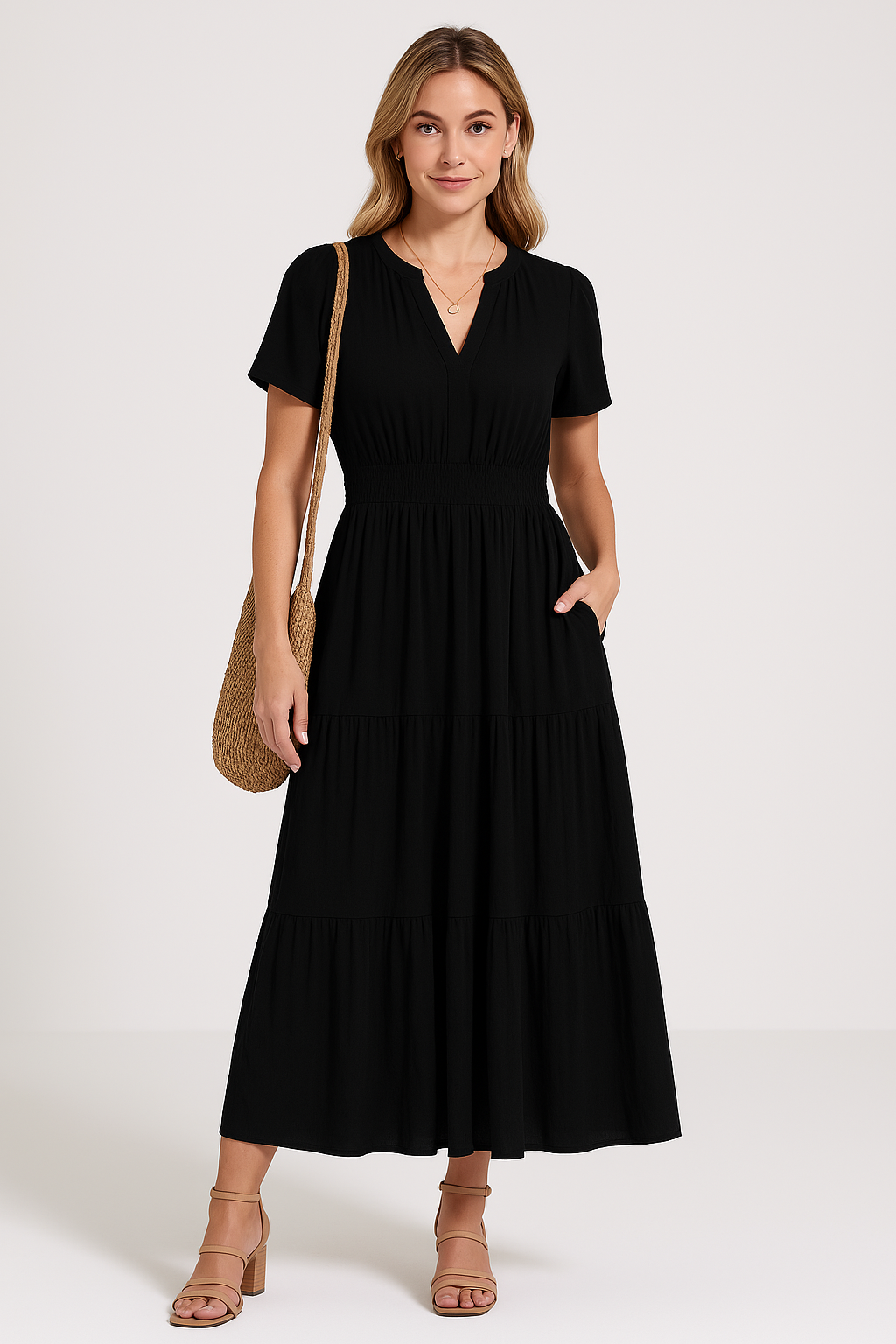 Women’s Maxi Dress – V-Neck – Puff Sleeve – Ruched Waist – Soft A-Line Fit