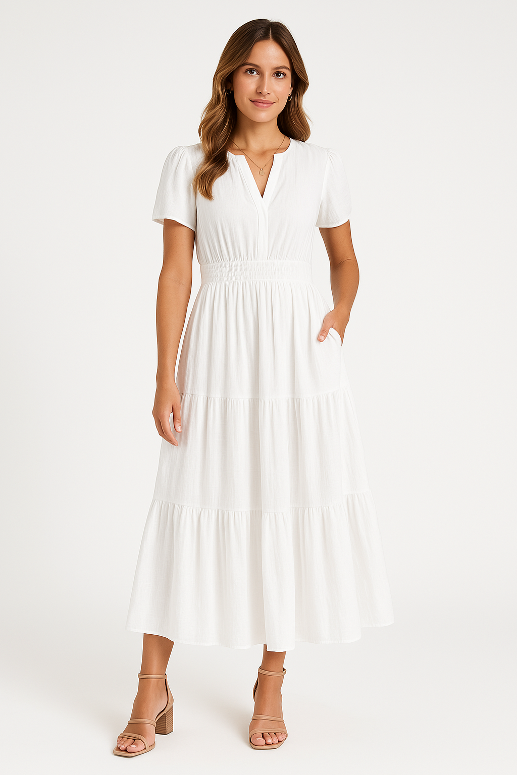 Women’s Maxi Dress – V-Neck – Puff Sleeve – Ruched Waist – Soft A-Line Fit