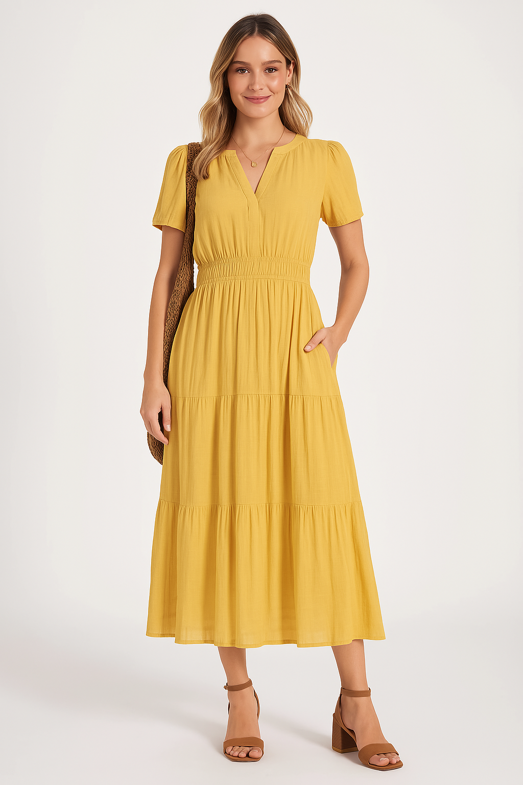 Women’s Maxi Dress – V-Neck – Puff Sleeve – Ruched Waist – Soft A-Line Fit