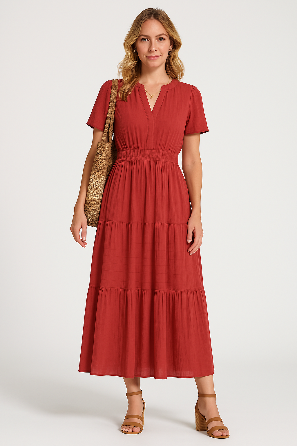 Women’s Maxi Dress – V-Neck – Puff Sleeve – Ruched Waist – Soft A-Line Fit
