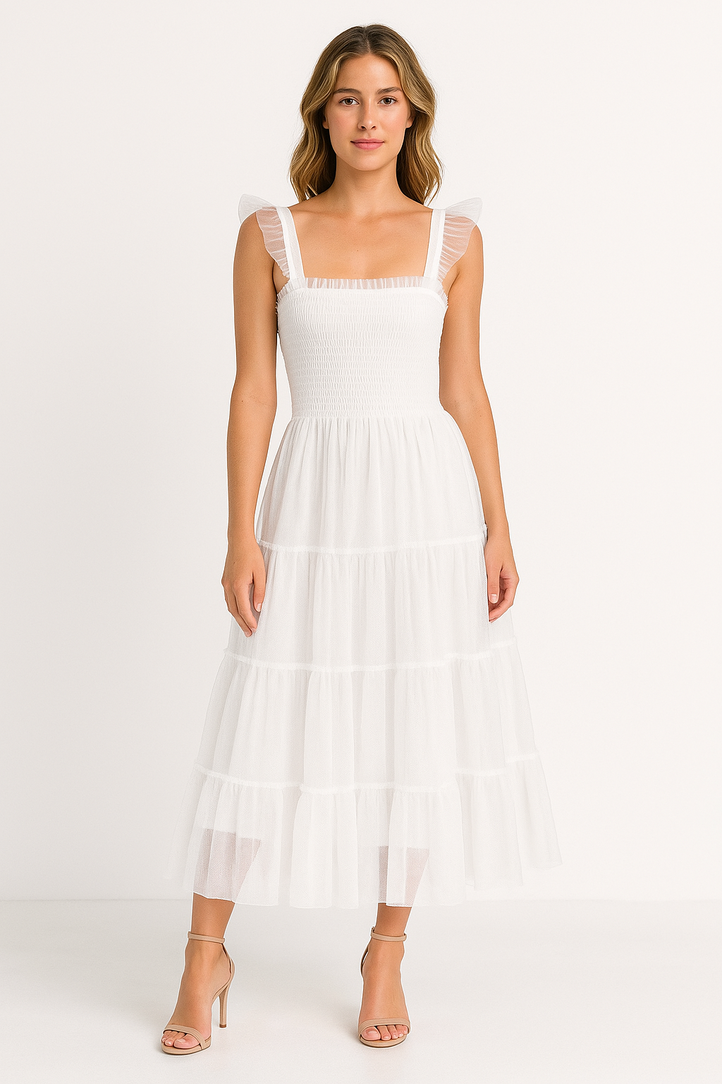 Women’s Midi Dress – Smocked Bodice – Tiered Mesh Skirt – Ruffled Sleeveless Design