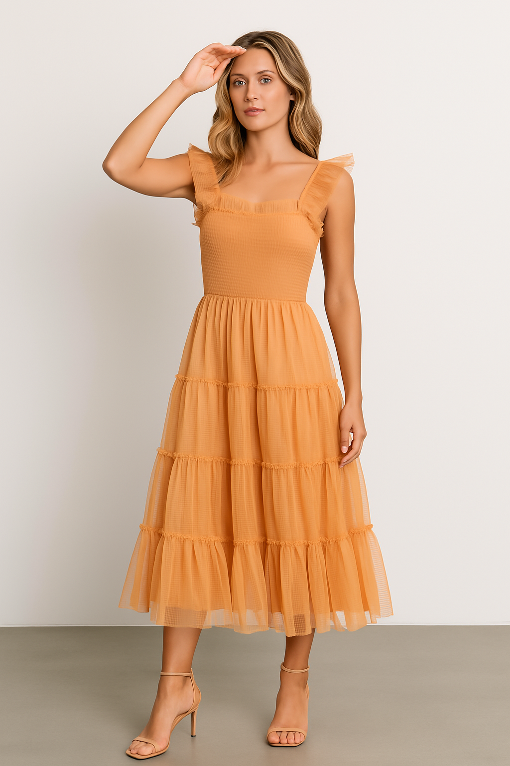 Women’s Midi Dress – Smocked Bodice – Tiered Mesh Skirt – Ruffled Sleeveless Design