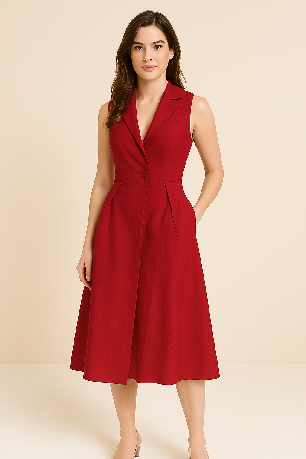 Women’s Midi Dress – V-Neck Button Front – Tailored Fit – Sleeveless Flared Skirt