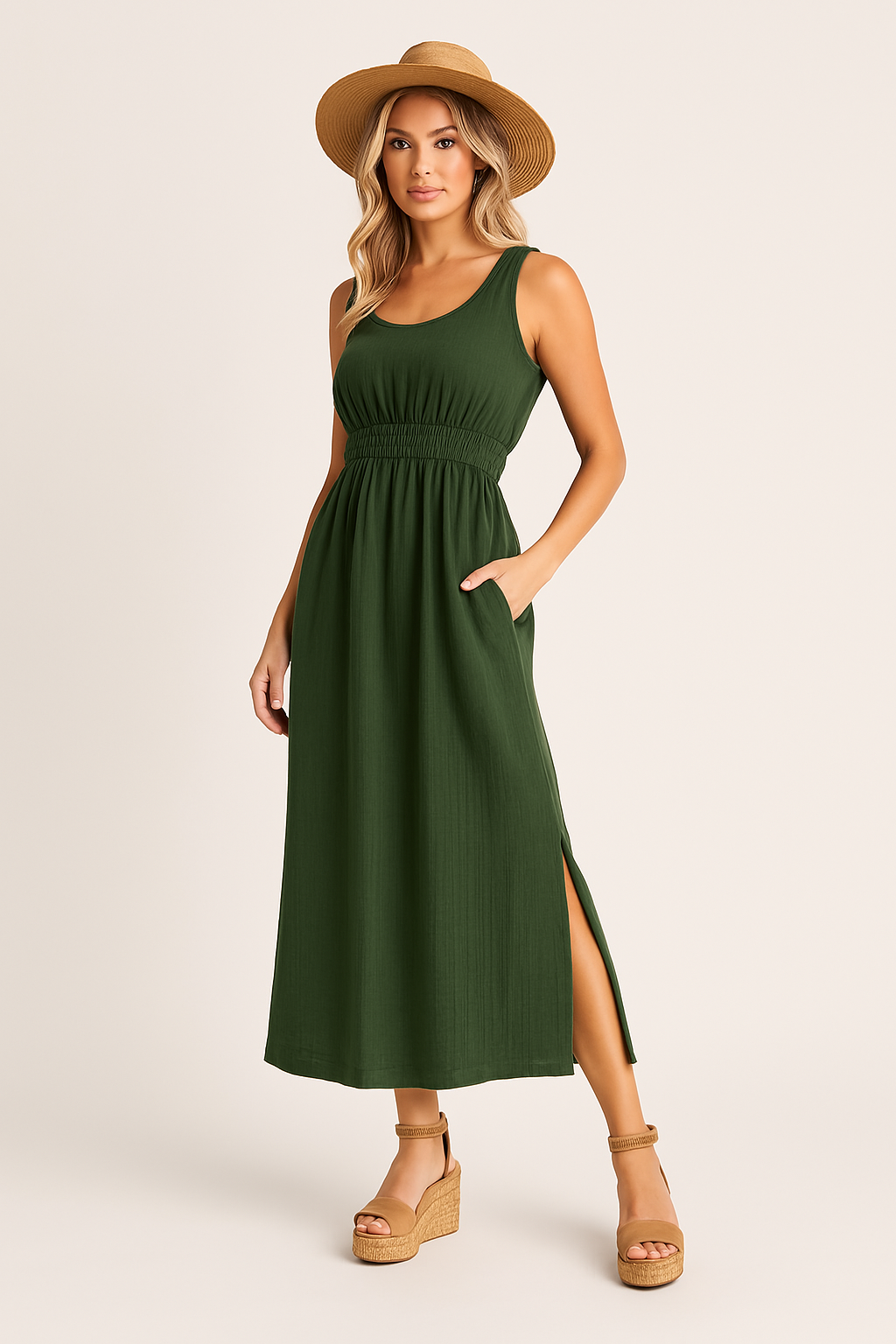 Women’s Sleeveless A-Line Dress – Midi Length – Scoop Neck – Side Pockets – Relaxed Fit