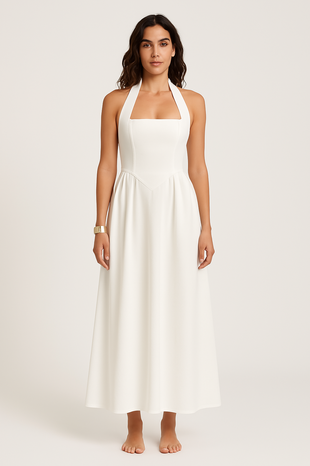 Women’s Halter Neck Dress – Backless – Fitted Bodice – Flared Maxi – Lightweight Fabric