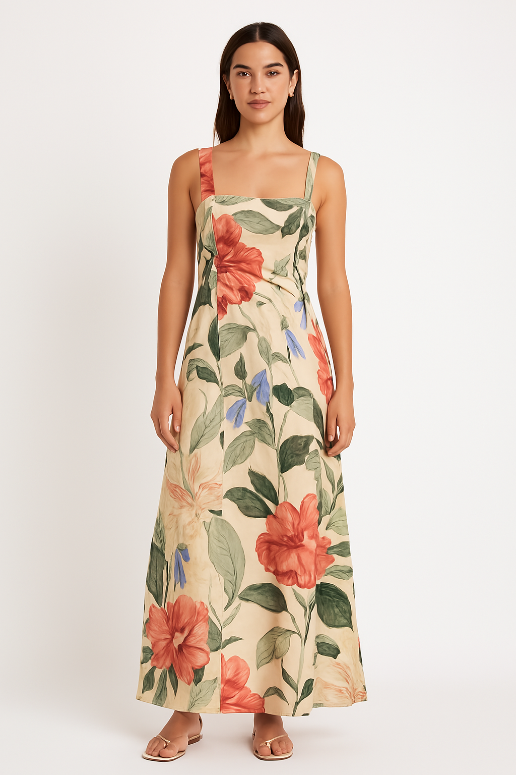 Women’s Maxi Dress – Cotton Blend – A-Line Fit – Sleeveless – Square Neck – Floral Print