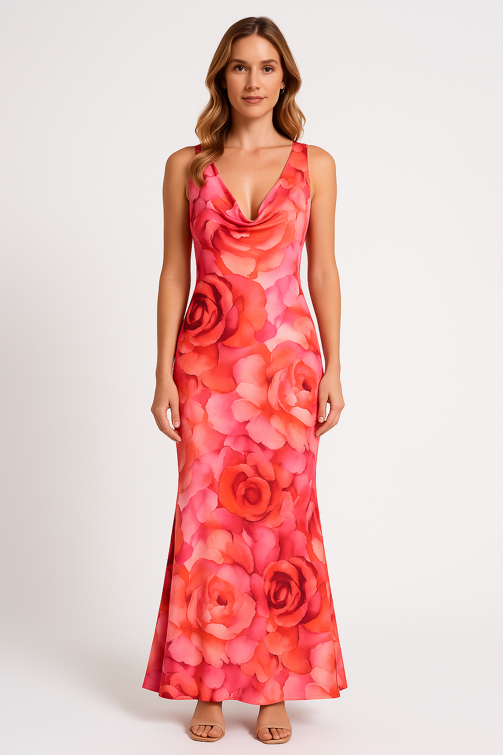 Women’s Maxi Dress – Stretch Fit – Deep V-Neck – Sleeveless – Floral Print Draped Skirt