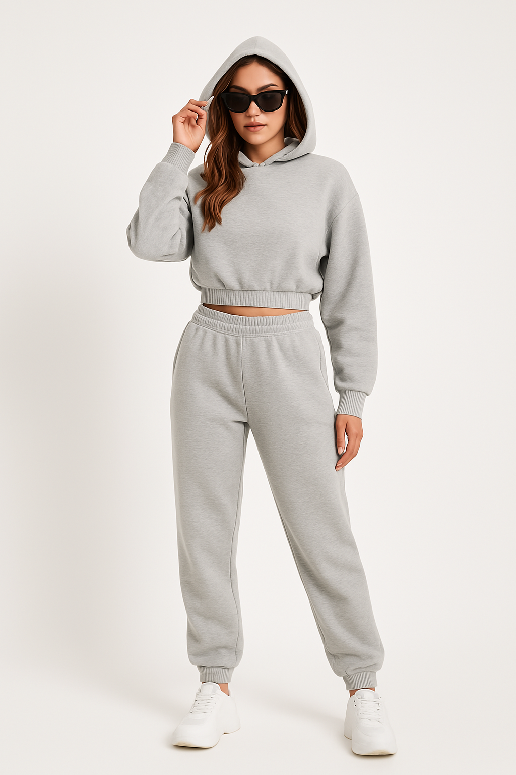 Women’s Hoodie and Pants Set – Relaxed Fit – Cotton – Cropped Top – Ribbed Cuffs