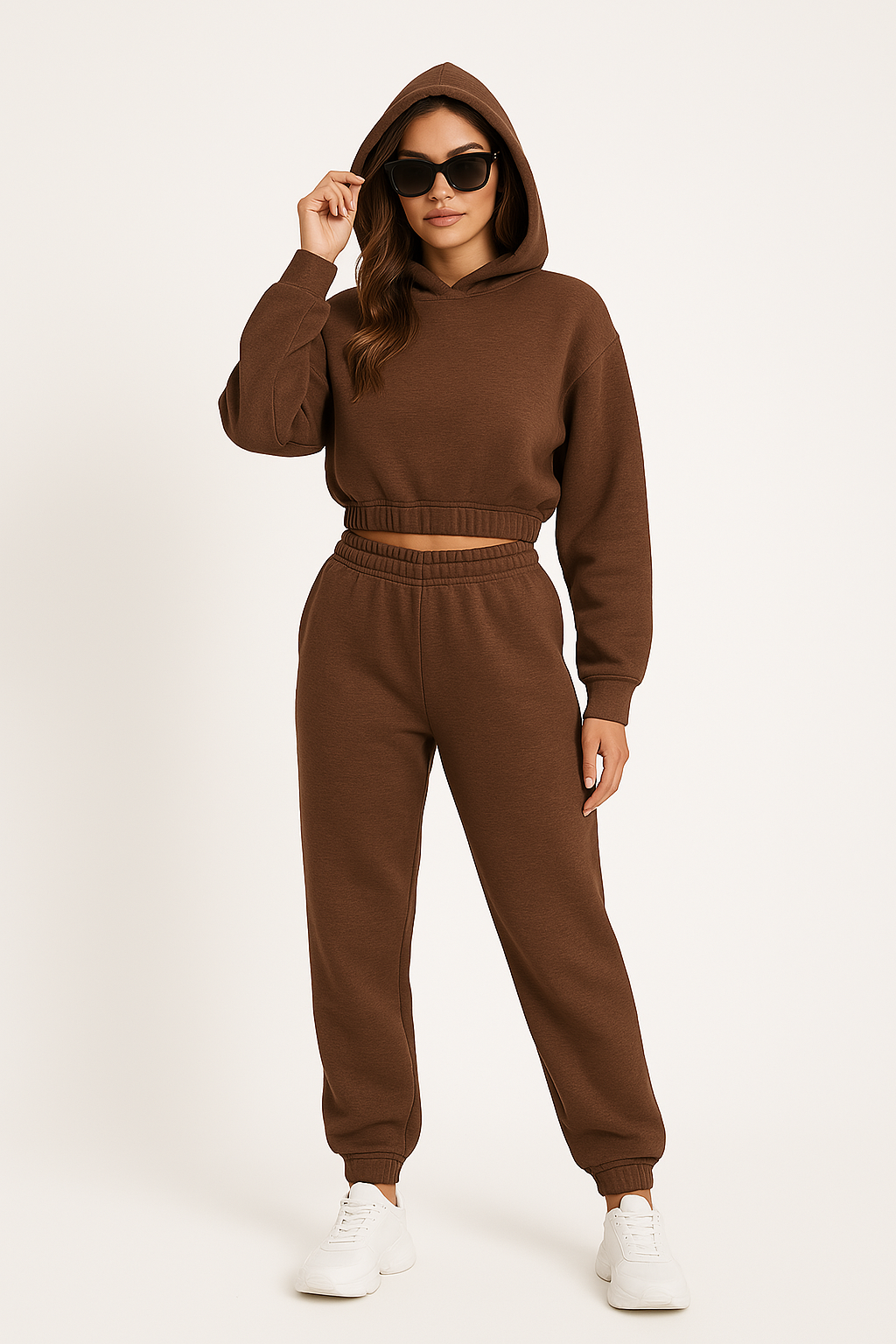Women’s Hoodie and Pants Set – Relaxed Fit – Cotton – Cropped Top – Ribbed Cuffs