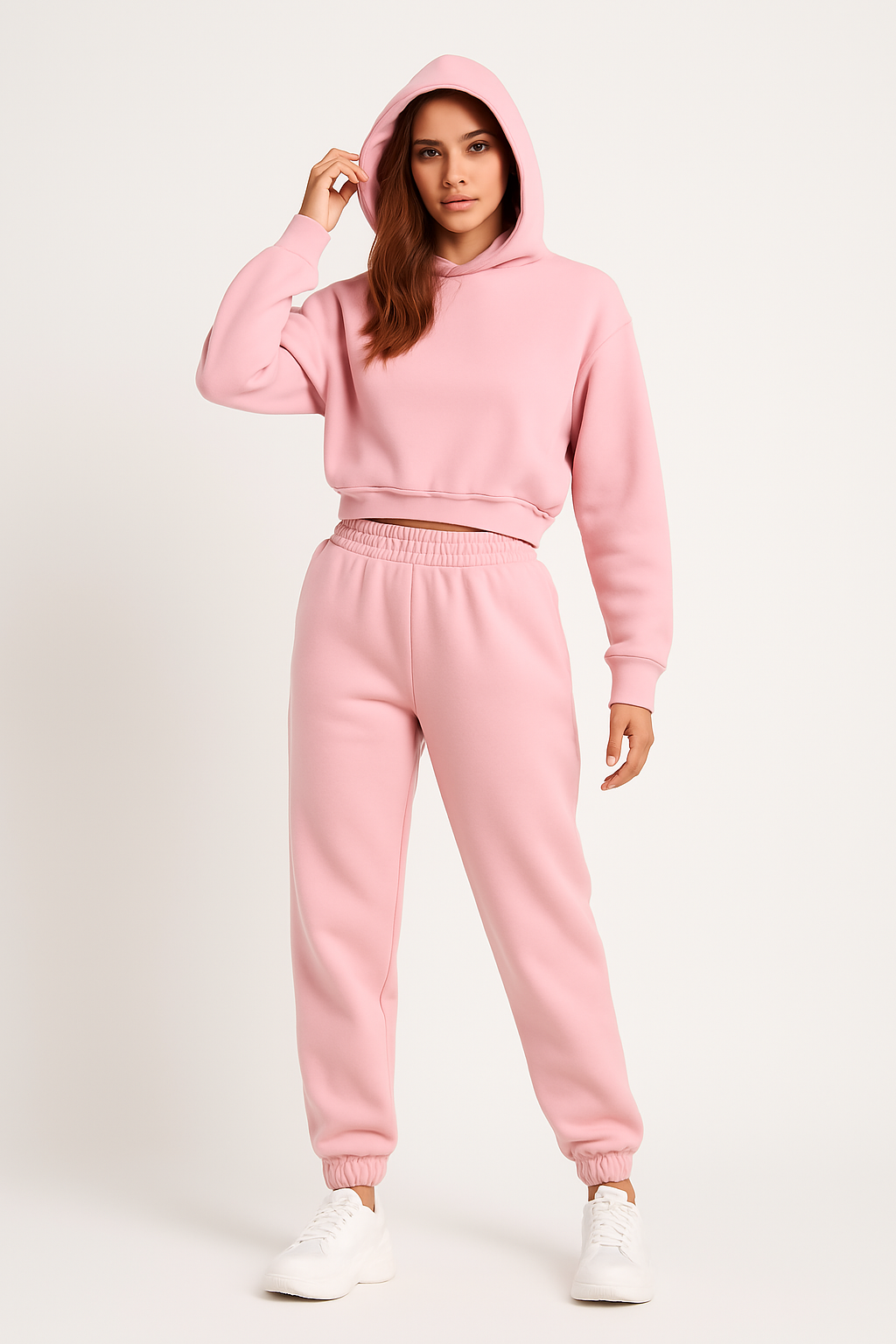 Women’s Hoodie and Pants Set – Relaxed Fit – Cotton – Cropped Top – Ribbed Cuffs