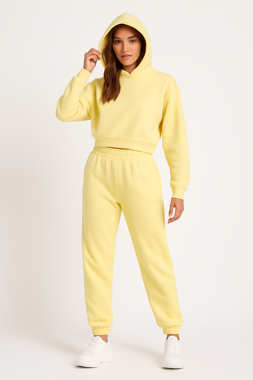 Women’s Hoodie and Pants Set – Relaxed Fit – Cotton – Cropped Top – Ribbed Cuffs
