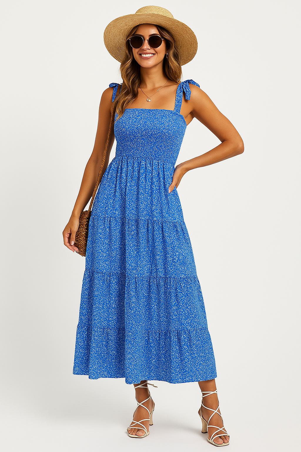 Women’s Maxi Dress – Fitted Bodice – Tie Straps – Tiered Skirt – Lightweight Cotton