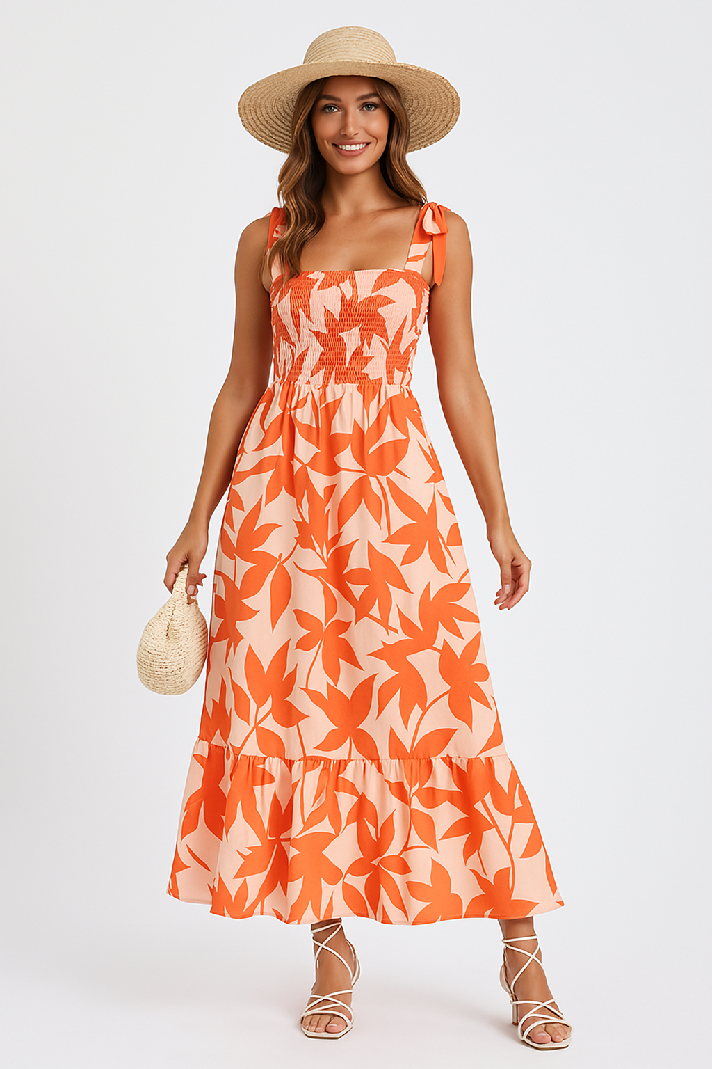 Women’s Maxi Dress – Fitted Bodice – Tie Straps – Tiered Skirt – Lightweight Cotton