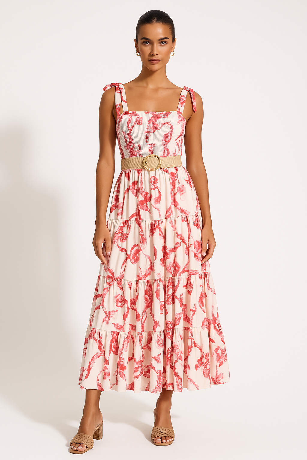 Women’s Maxi Dress – Shirred Bodice – Adjustable Straps – Tiered Flowy Skirt – Floral Print