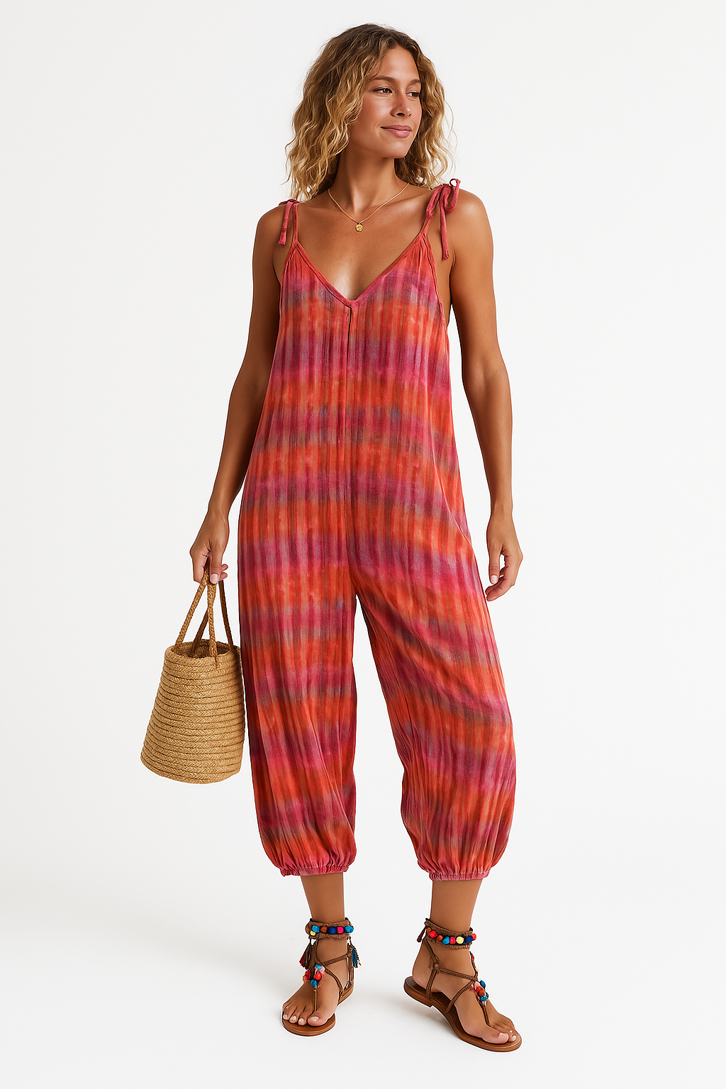 Women’s Jumpsuit – Loose Fit – Adjustable Straps – V-Neck – Tie Waist – Printed Cotton