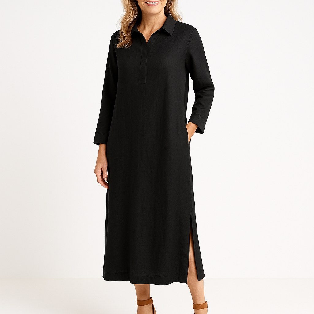 Women’s Shirt Dress – Relaxed Fit – Long Sleeve – Lightweight Woven – Midi Length