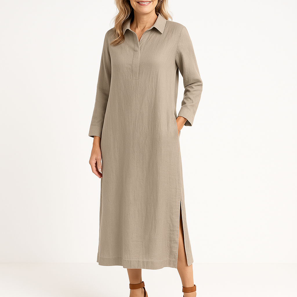 Women’s Shirt Dress – Relaxed Fit – Long Sleeve – Lightweight Woven – Midi Length