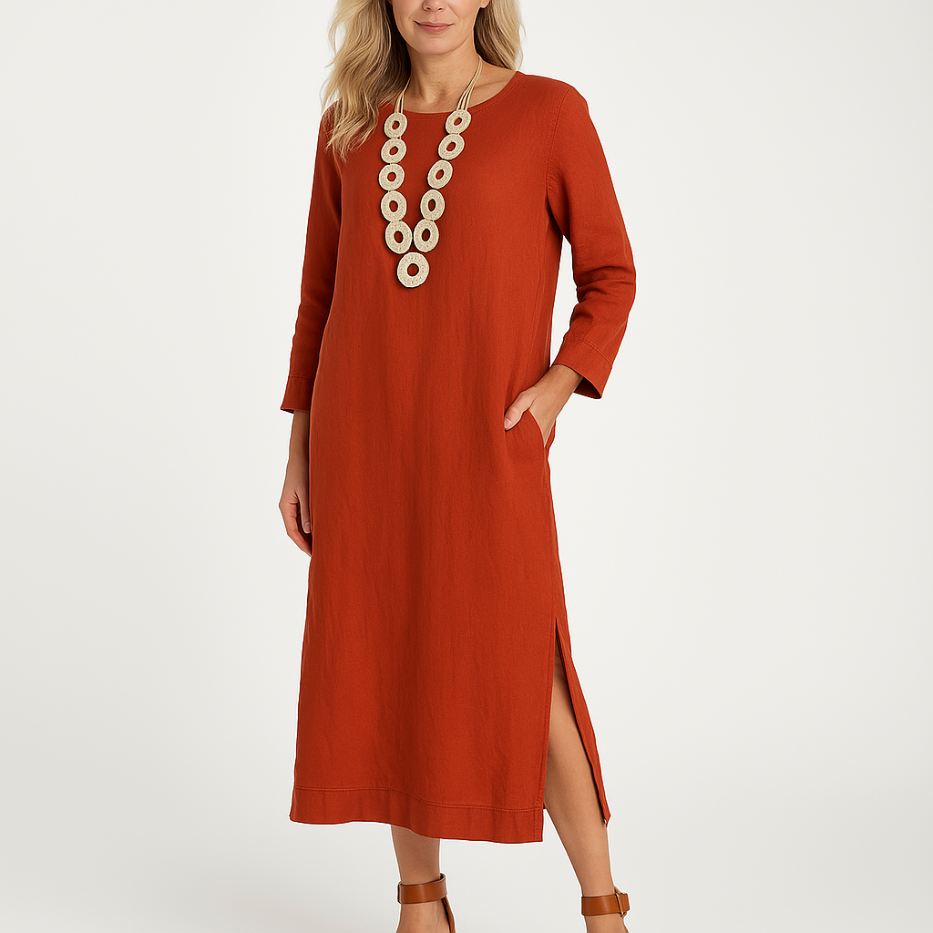 Women’s Shirt Dress – Relaxed Fit – Long Sleeve – Lightweight Woven – Midi Length