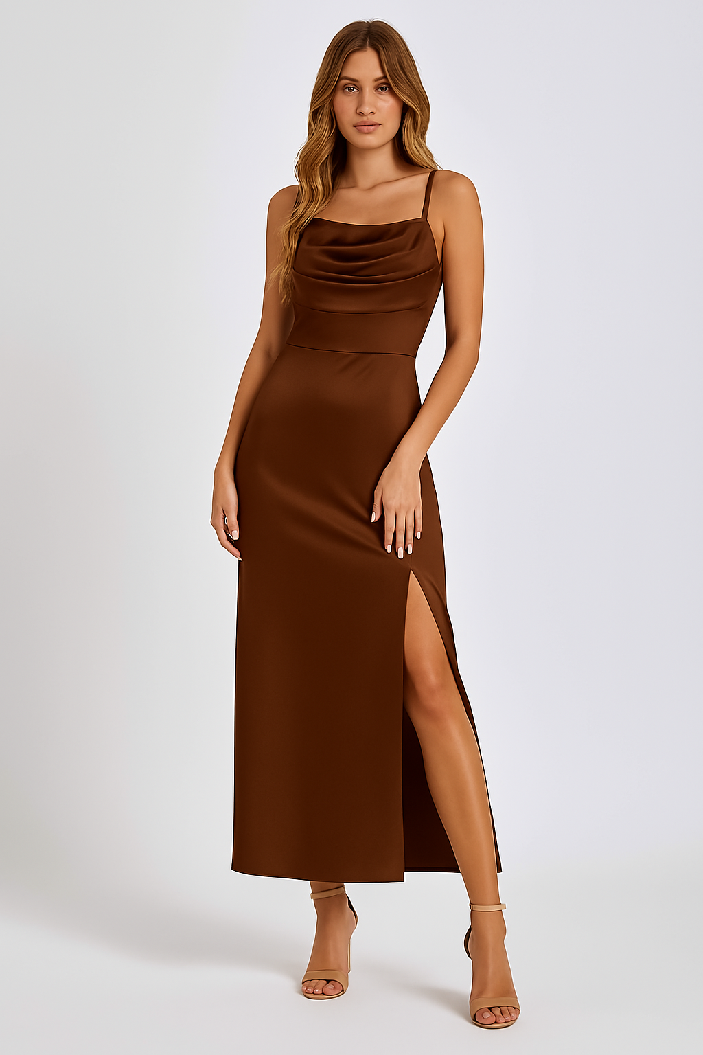 Women’s Maxi Dress – Satin-Like Fabric – Slim Fit – Cowl Neck – Side Slit – Spaghetti Straps