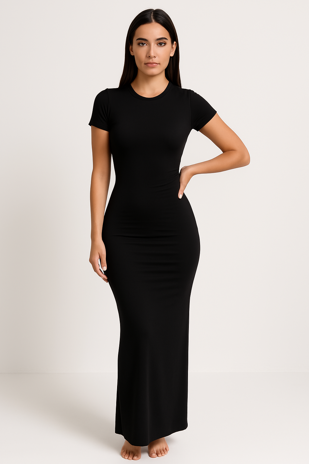Women’s Full-Length Dress – Slim Fit – Stretch Cotton Blend – Short Sleeve – Round Neck