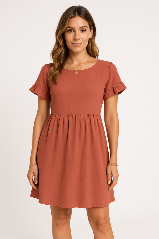 Linen Blend Ruffle Sleeve Loose Fit Dress