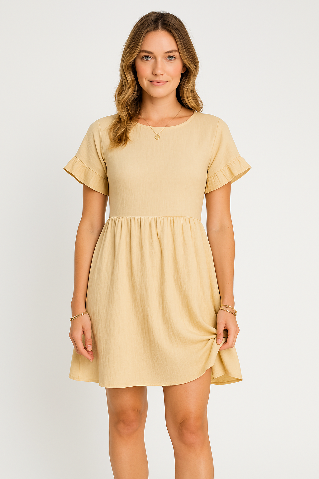Women’s Knee-Length Dress – Cotton Linen Blend – Loose Fit – Ruffle Sleeve Casual Wear