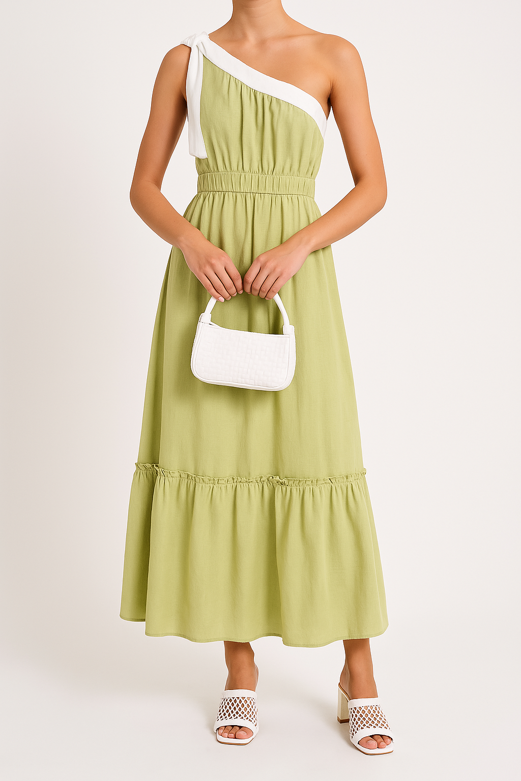 Women’s One-Shoulder Midi Dress – Cotton Blend – A-Line Fit – Ruffle Tiered Skirt