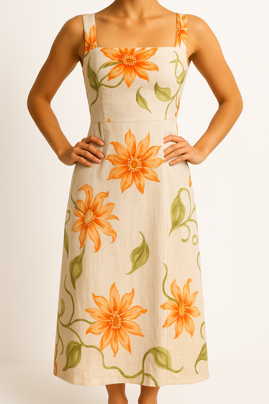 Women’s Long Dress – Lightweight Cotton – Floral Print – Square Neck – Open Back