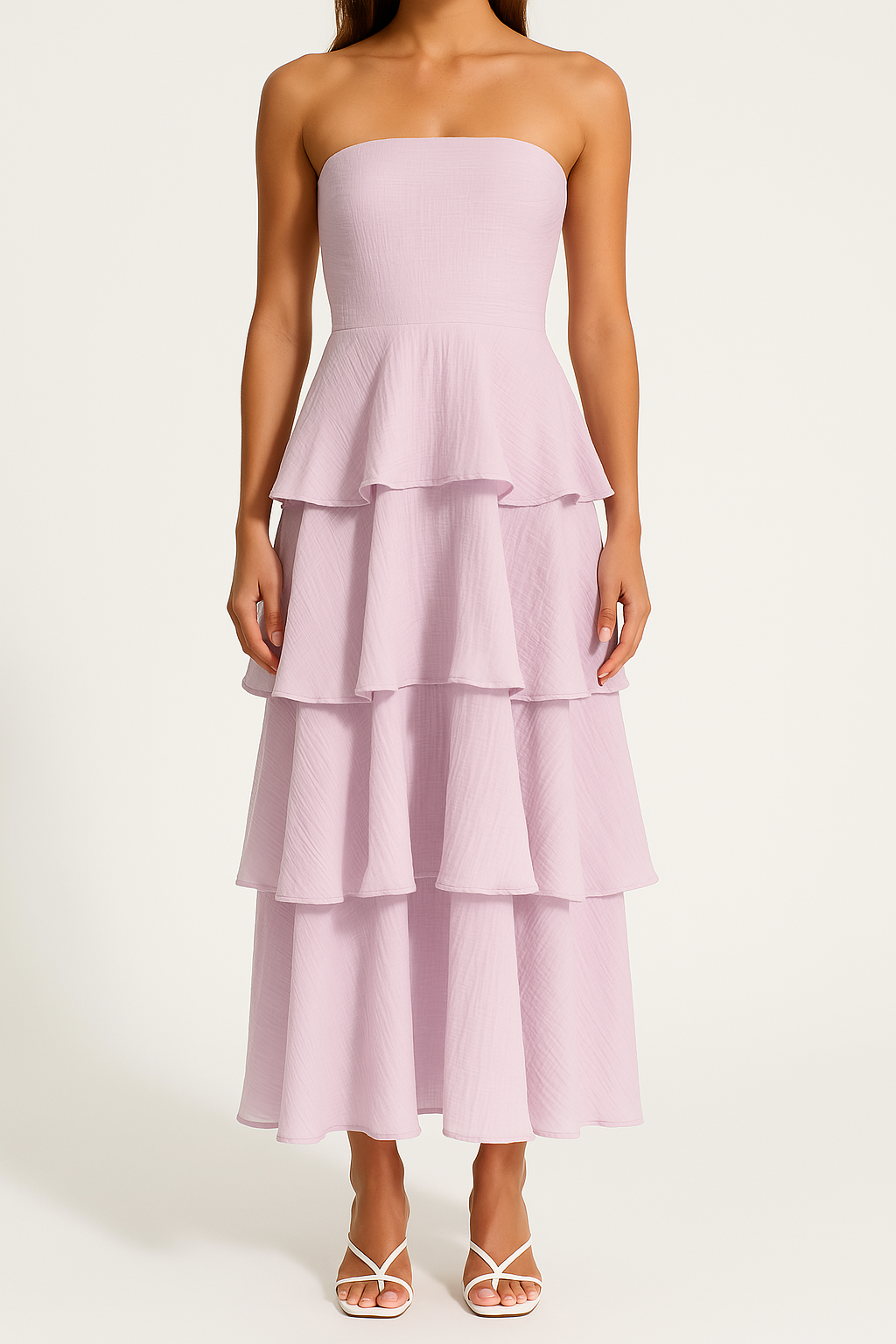 Women’s Strapless Midi Dress – Fitted Bodice – Tiered Ruffle Layers – Flared Silhouette