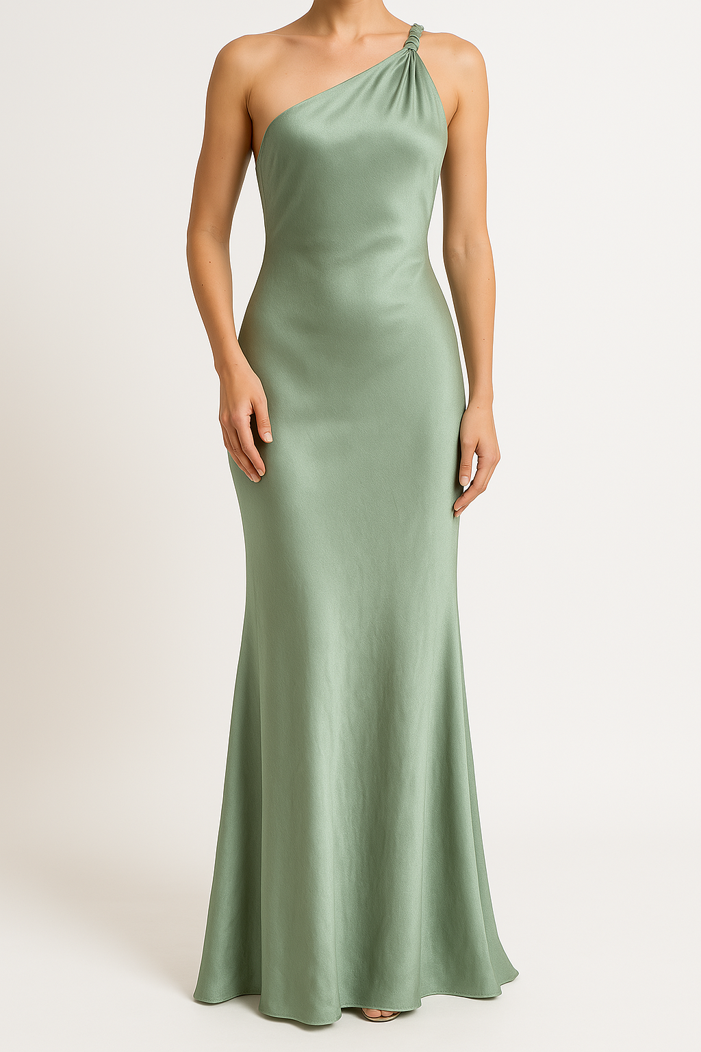 Women’s Evening Gown – Satin-Like Fabric – Slim Fit – One Shoulder Draped Floor Length