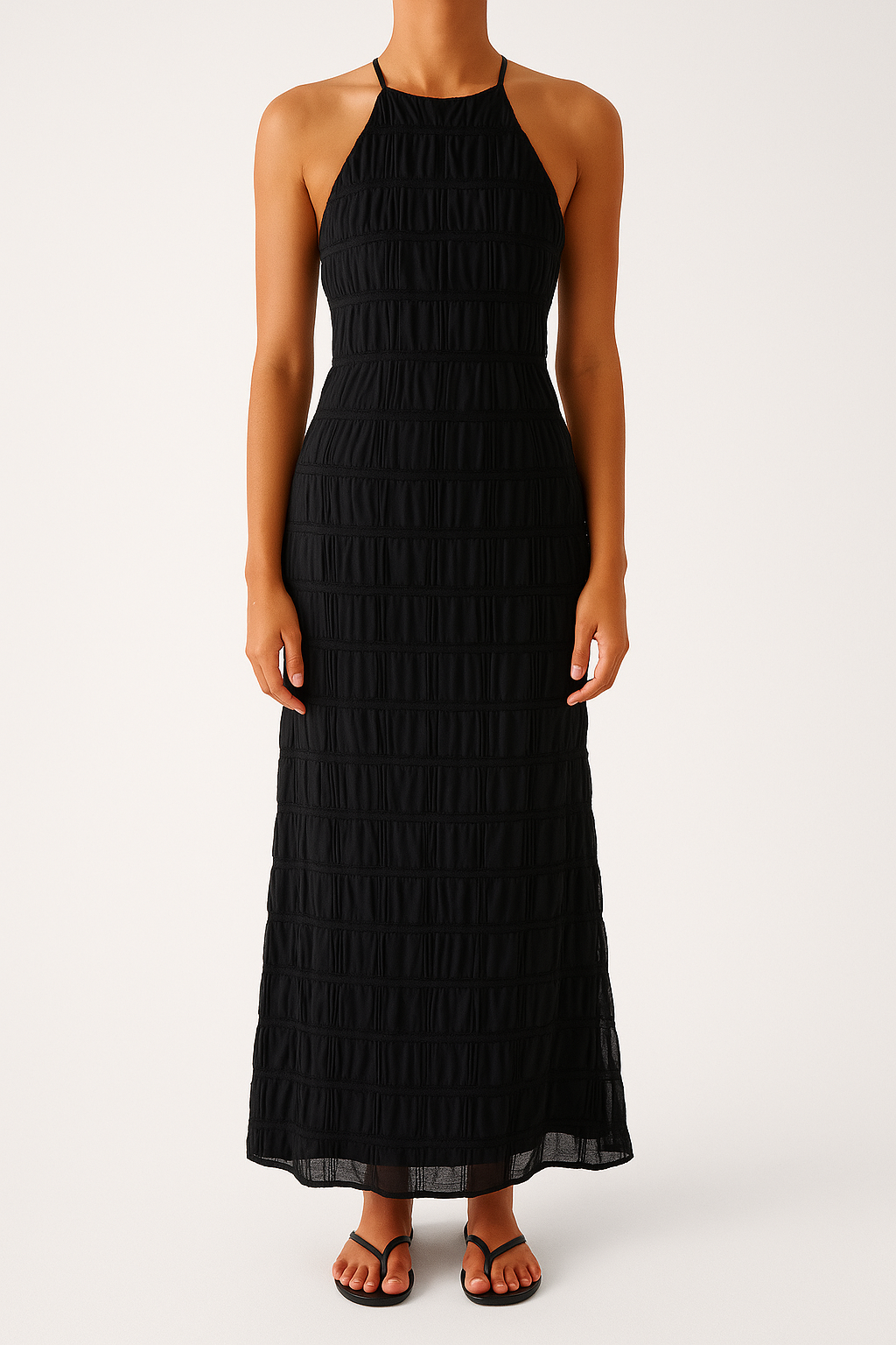 Women’s Maxi Dress – Slim Fit – Halter Neck – Ruched Texture – Open Back Evening Wear