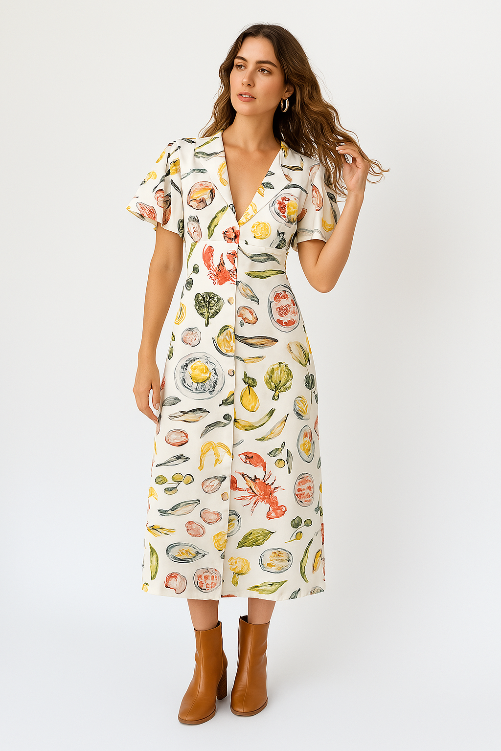 Women’s Midi Dress – Linen Fabric – Loose Fit – V-Neck – Short Sleeve Printed Style