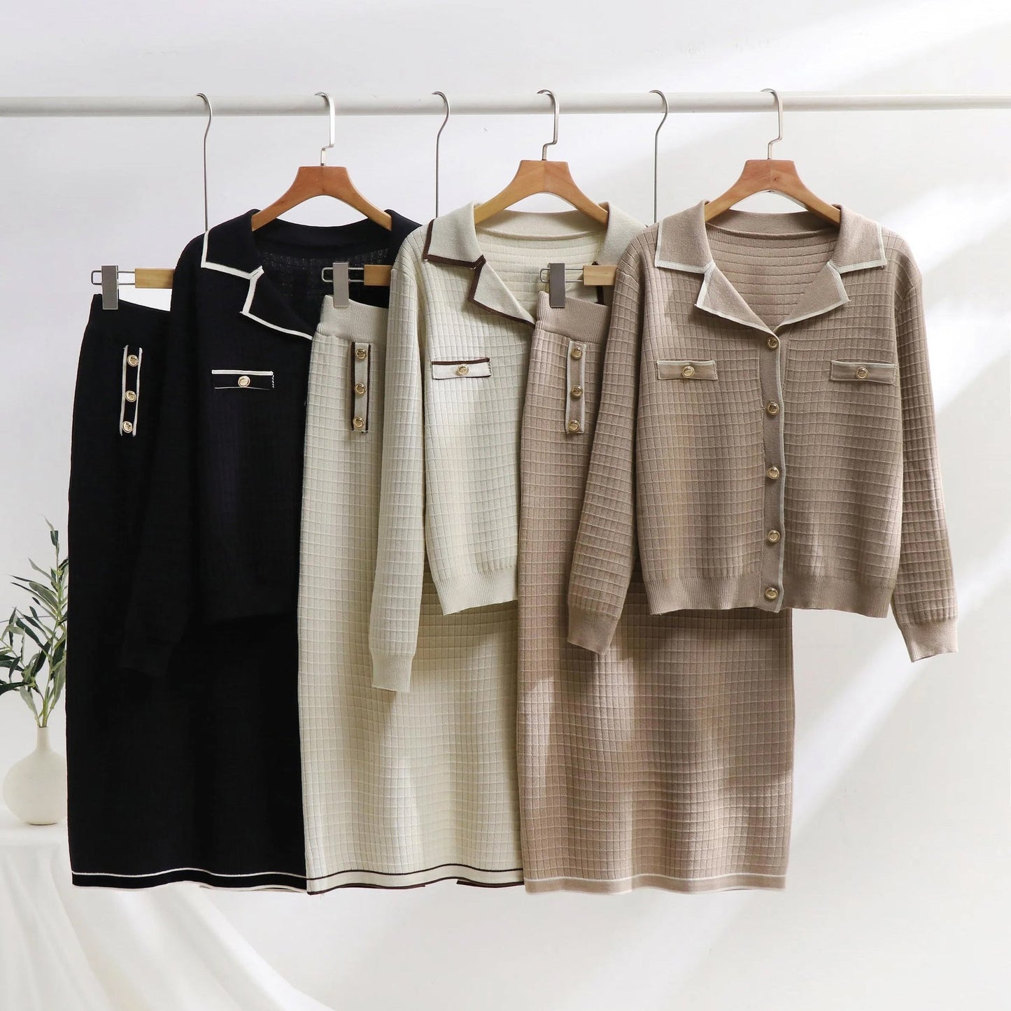 Women’s Two-Piece Knit Set – Polo-Neck Cardigan – Slim Pencil Skirt – Textured Pattern