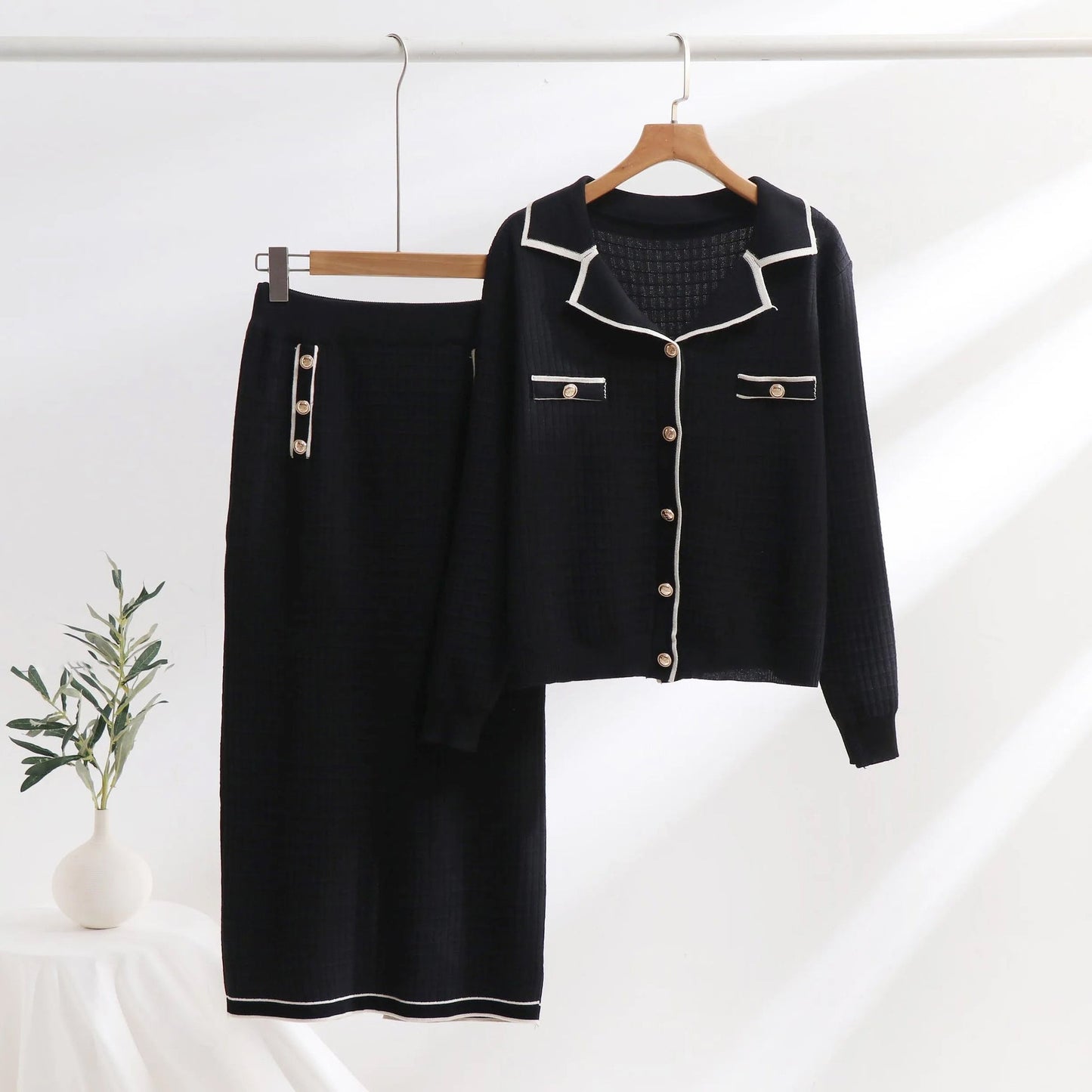 Women’s Two-Piece Knit Set – Polo-Neck Cardigan – Slim Pencil Skirt – Textured Pattern