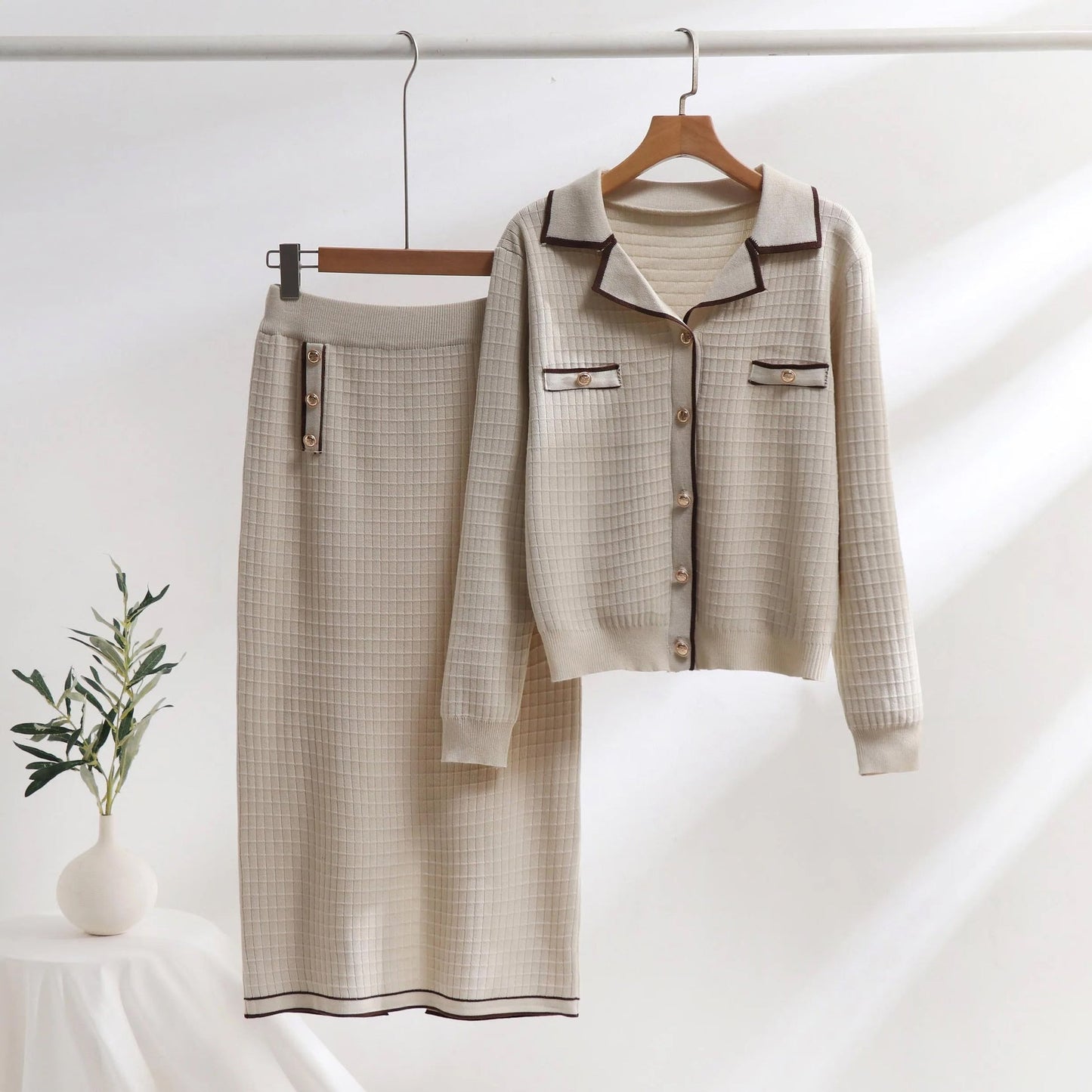 Women’s Two-Piece Knit Set – Polo-Neck Cardigan – Slim Pencil Skirt – Textured Pattern