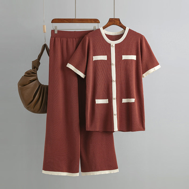 Women's round neck short sleeve top & high waisted wide leg knit trousers set