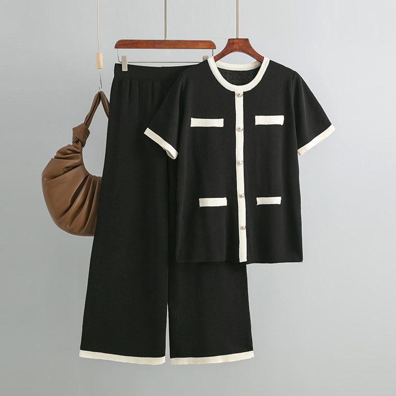 Women's round neck short sleeve top & high waisted wide leg knit trousers set