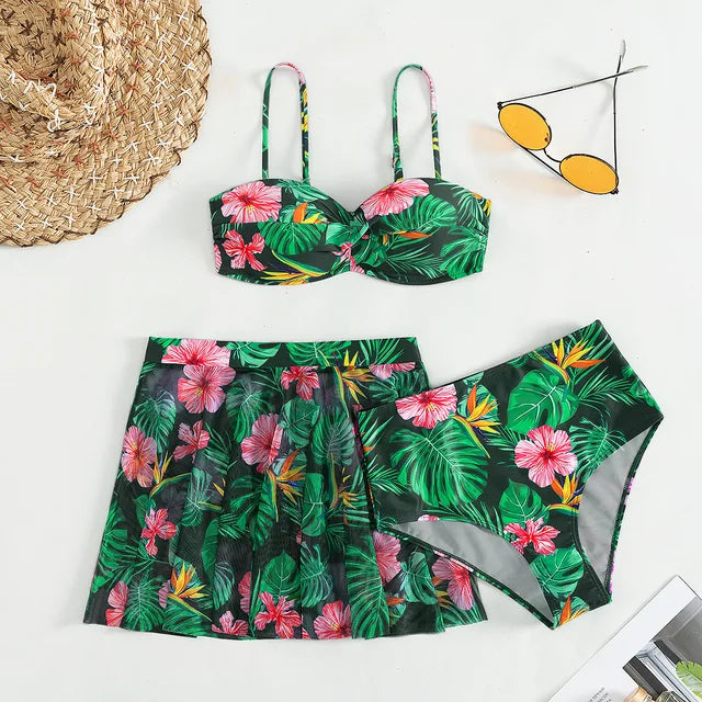 Women's Two-Piece Outfit - Crop Top & A-Line Skirt - Tropical Floral Print