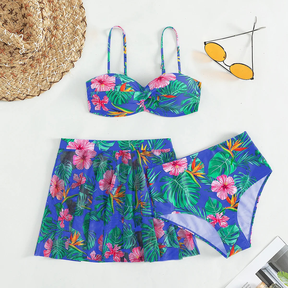 Women's Two-Piece Outfit - Crop Top & A-Line Skirt - Tropical Floral Print