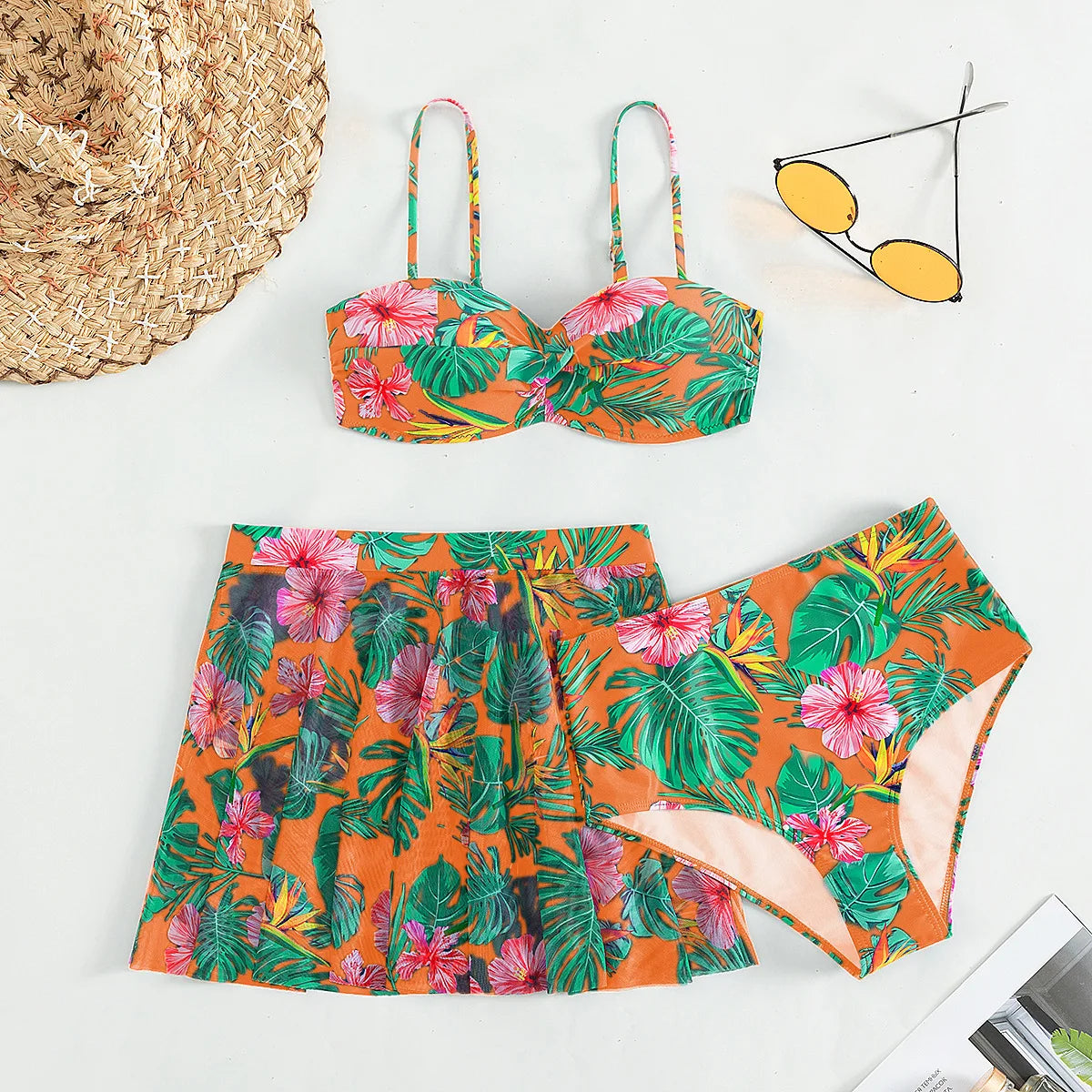 Women's Two-Piece Outfit - Crop Top & A-Line Skirt - Tropical Floral Print
